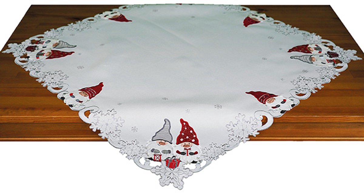 Tafelkleed - linnenlook - Kerst - Wit met kabouters - gnoom - wichtels - 85x 85 cm