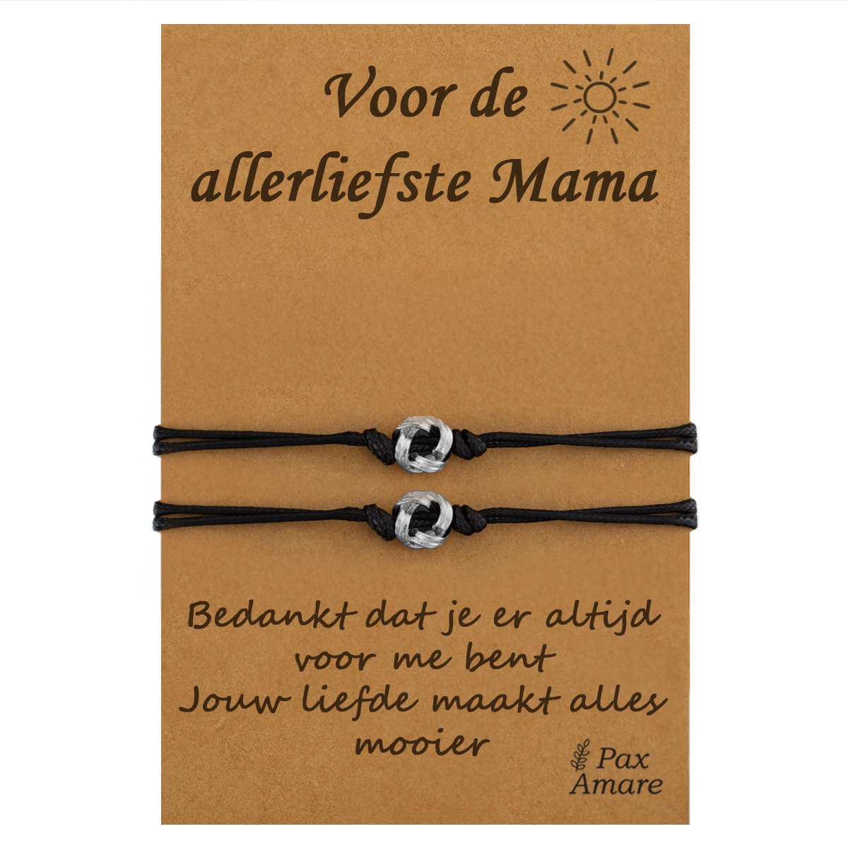 Moeder Kind Armbandjes voor 2 "Voor de Allerliefste Mama" - Knoopjes - Vriendschapsarmbandjes met Persoonlijk Cadeau Kaartje - Zilverkleurig - Elastisch Verstelbaar - Pax Amare