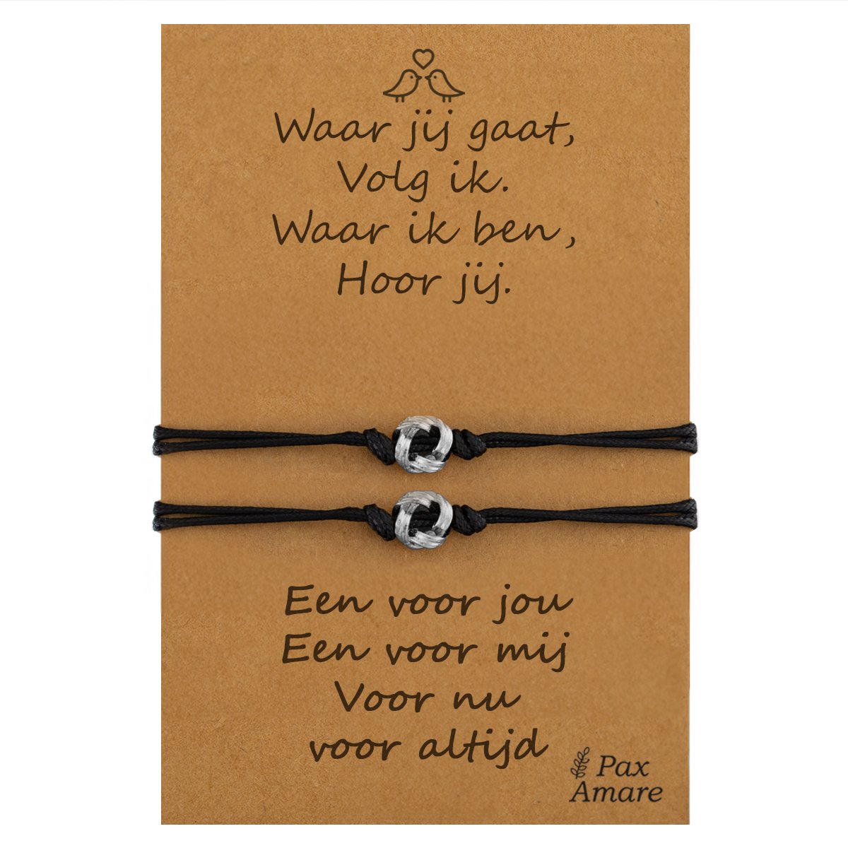 Vriendschapsarmbandjes voor 2 "Waar jij gaat, volg ik" - Knoopjes - BFF Armbandjes met Persoonlijk Cadeau Kaartje - Zilverkleurig - Elastisch Verstelbaar - Pax Amare