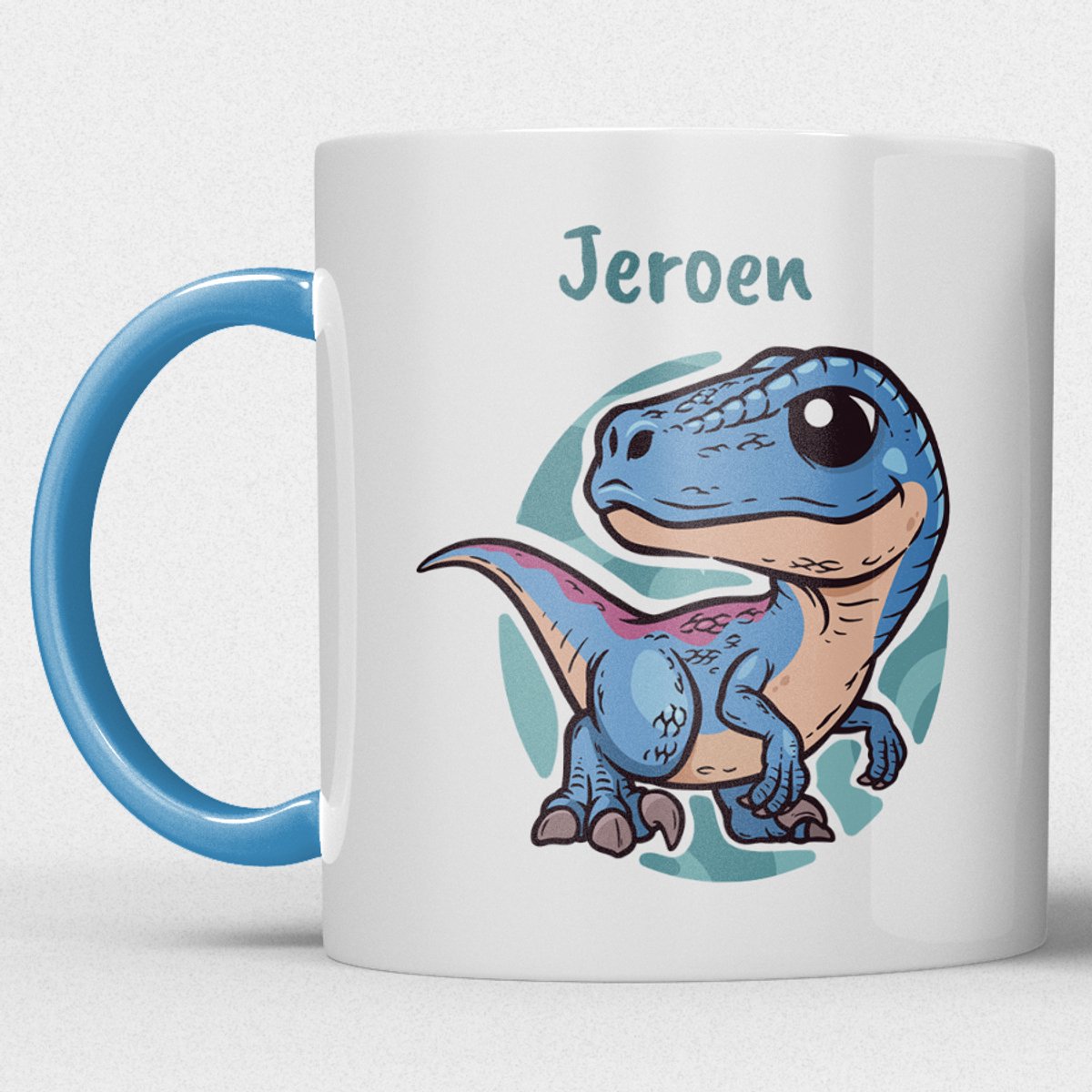 kindermok/kinderbeker | gepersonaliseerd met naam | met dino/dinosaurus/t-rex | blauw | Schattige illustraties