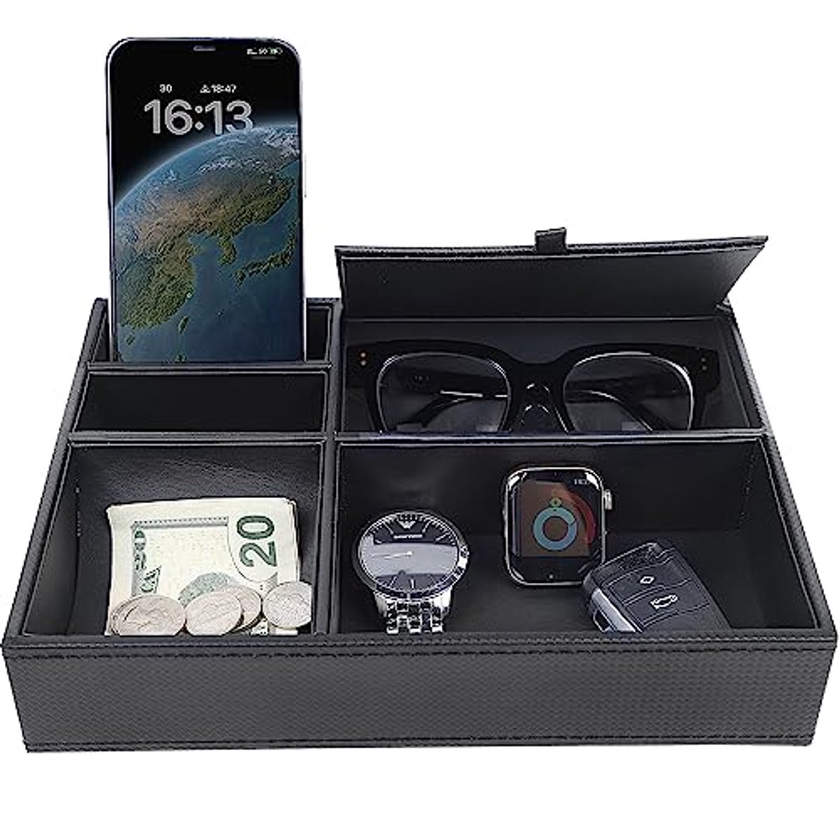Valet Tray voor heren - Sieradendoos en Organizer met 5 Compartimenten voor Sleutels, Portemonnee, Horloge en Bril