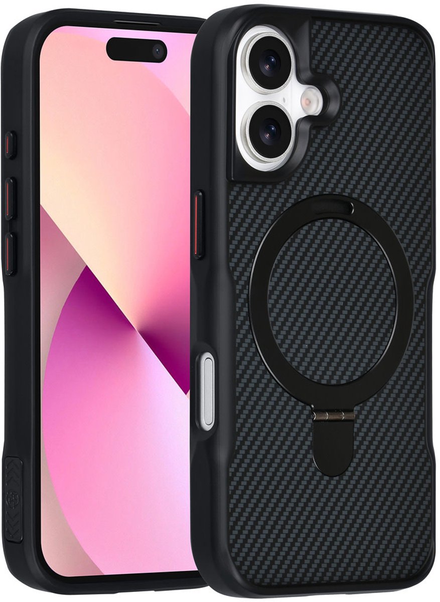 TUNIQ Back cover voor iPhone 17 - MagSafe - Ringstand - Carbon Fiber - Zwart
