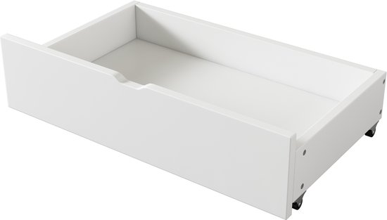 Witte opberglade op wieltjes met een verzonken handgreep.