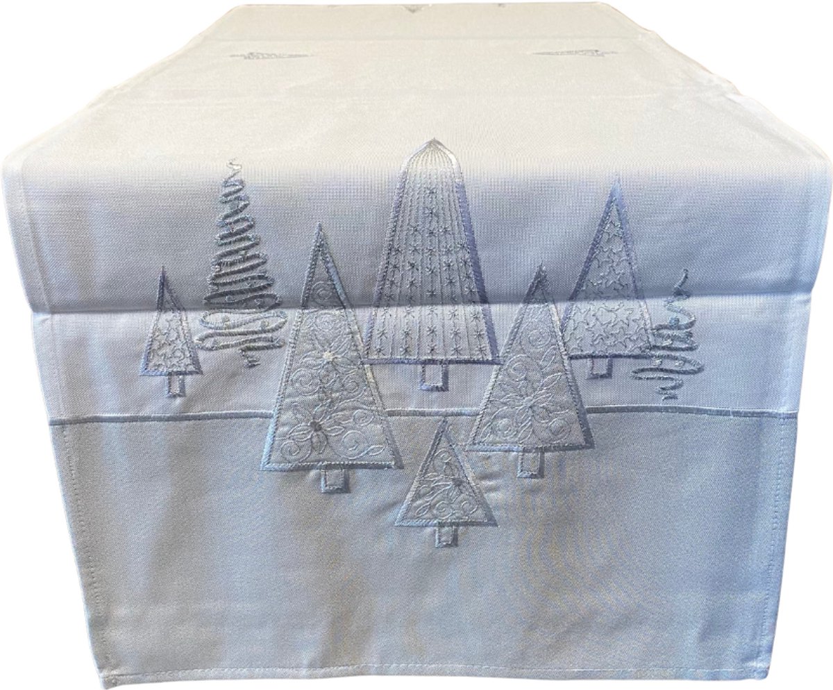 Tafelloper - Linnenlook - Wit - Moderne strakke Kerstbomen in wit en zilver kleur - 40 x 90 cm