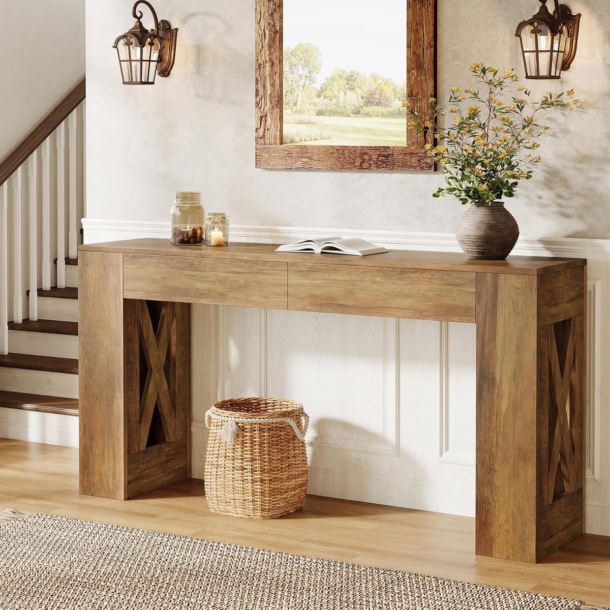 Tribesigns Consoletafel - Sidetable met 2 lades en X-vormige poten - Hout - Bruin - Industrieel - 160 x 35 x 85 cm - Console Tafel voor Hal, Woonkamer, Entree