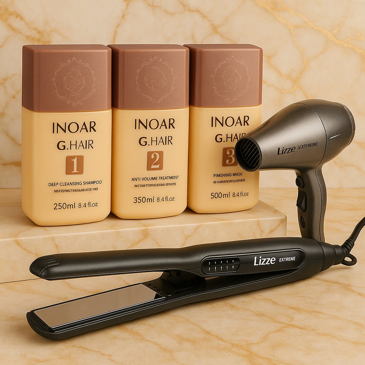 Inoar G Hair 3x250ml Original braziliaanse keratine behandeling treatment & LIZZE TITANIO 480 F EXTREME & 250° C stijltang & Lizze Extreme Haardroger 2400 WATTS