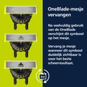 Drie Philips OneBlade mesjes met aanduidingssymbolen. Het symbool verdwijnt na veelvuldig gebruik. Een 4m indicatie.