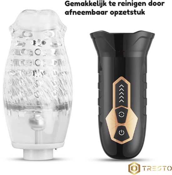 TRESTO masturbator, getoond in twee delen: de transparante, getextureerde schacht en de zwarte behuizing met bedieningspaneel.
