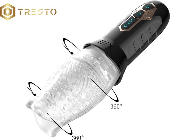 Zwarte TRESTO masturbator met transparante, getextureerde schacht en gouden details op de bedieningsknop.
