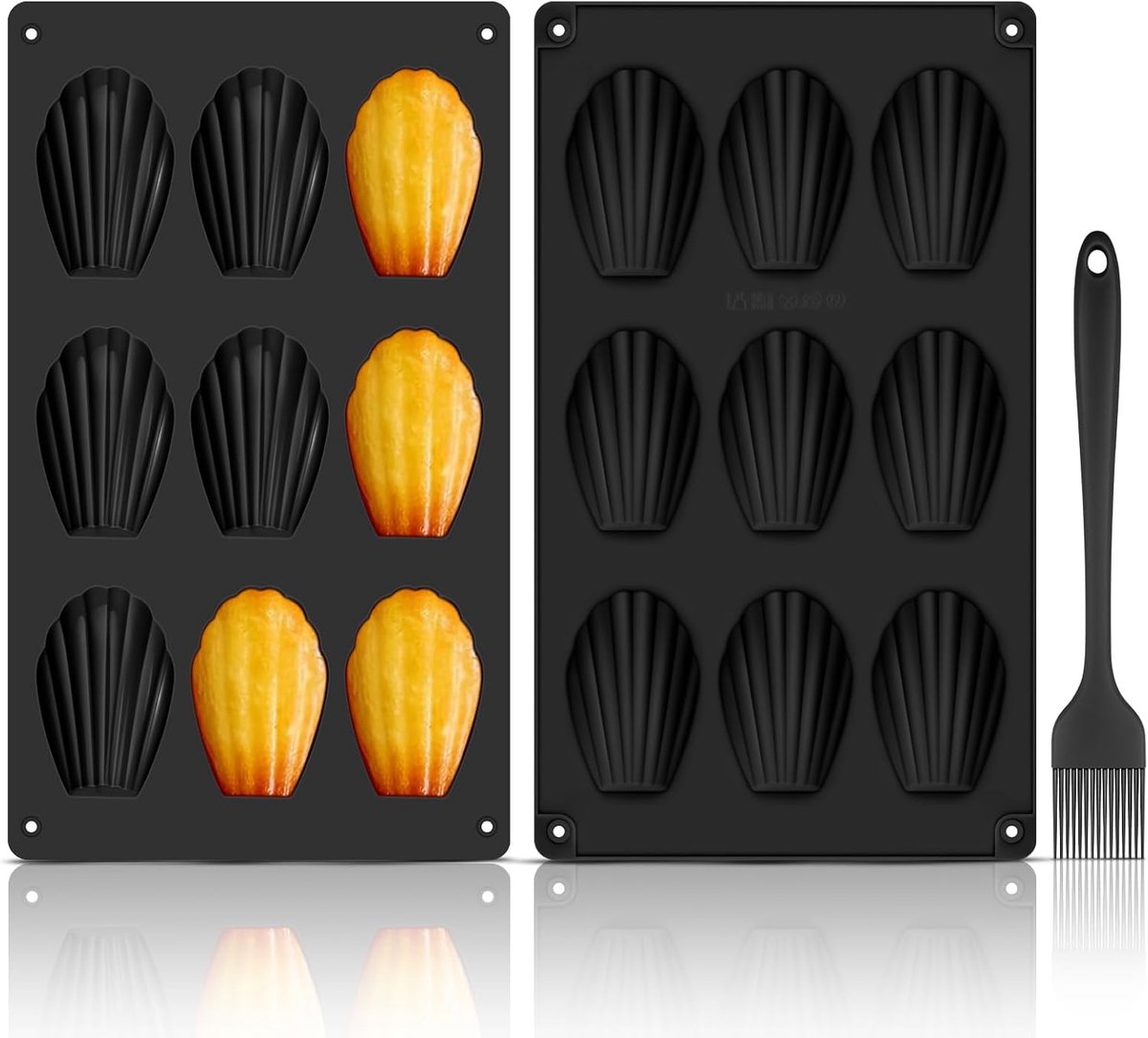 Madeleine siliconen vorm, 2 stuks, madeleine vorm, 9 bakjes, antiaanbaklaag, schelpvorm met siliconen borstel, voor koekjes, chocolade, snoep, pudding, cake (zwart)
