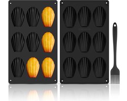Madeleine siliconen vorm, 2 stuks, madeleine vorm, 9 bakjes, antiaanbaklaag, schelpvorm met siliconen borstel, voor koekjes, chocolade, snoep, pudding, cake (zwart)
