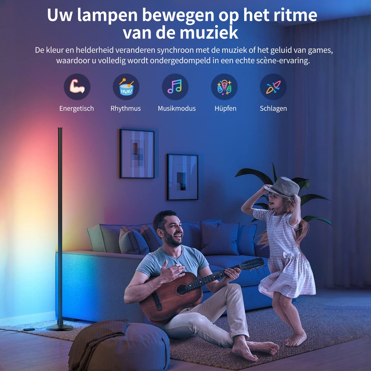 Rayofi LED Staande Lamp- 147 cm - LED vloerlamp dimbaar RGBIC - Instelbare warmwitte/koelwitte kleurtemperatuur - Synchroniseert met muziek - Creëer de perfecte sfeer voor slaapkamers, woonkamers en speelkamers thumbnail 7