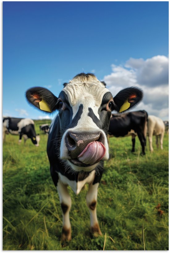 Poster 40x60 cm - Koe - Tong - Weide - Posters - Kamer decoratie - Wanddecoratie woonkamer - Muurdecoratie slaapkamer