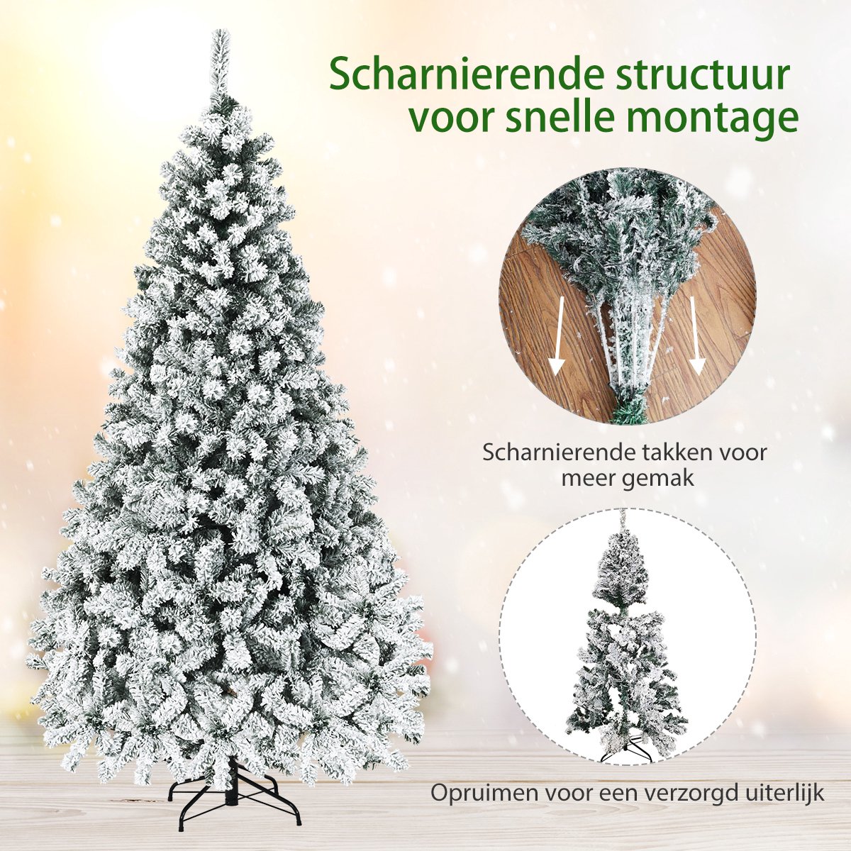 COSTWAY 225 cm Kunstkerstboom met verlichting - Realistische Kunststof Kerstboom met sneeuw - Kerstmis Kerstboom - PVC 1010 takken & 450 LEDs -wit en groen – foto 3