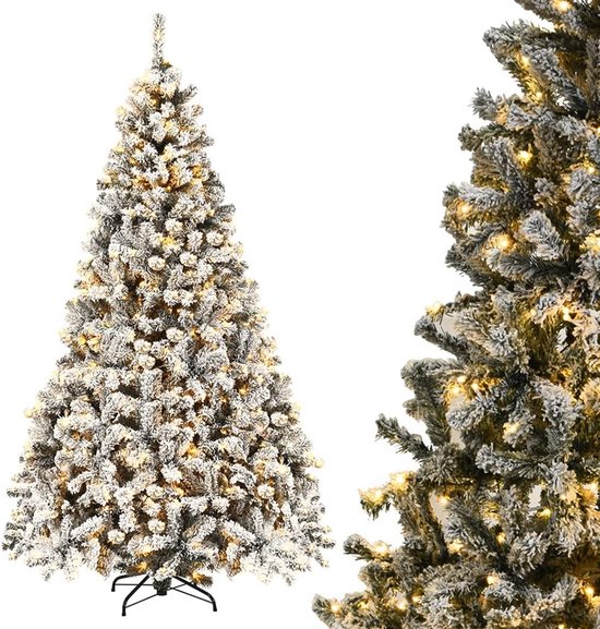 COSTWAY Kunstkerstboom met sneeuw en warmwitte ledverlichting, 180/225 cm, dennenboom met metalen standaard, kerstboom pvc-naalden, kunstboom, Kerstmis, klapsysteem (225 cm)