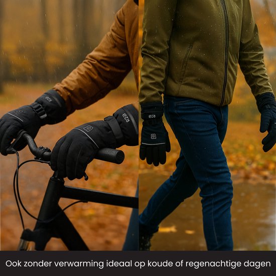 Zwarte R2B handschoenen gedragen door iemand die fietst in de regen. De handschoenen zijn waterdicht en ideaal voor koud en regenachtig weer.