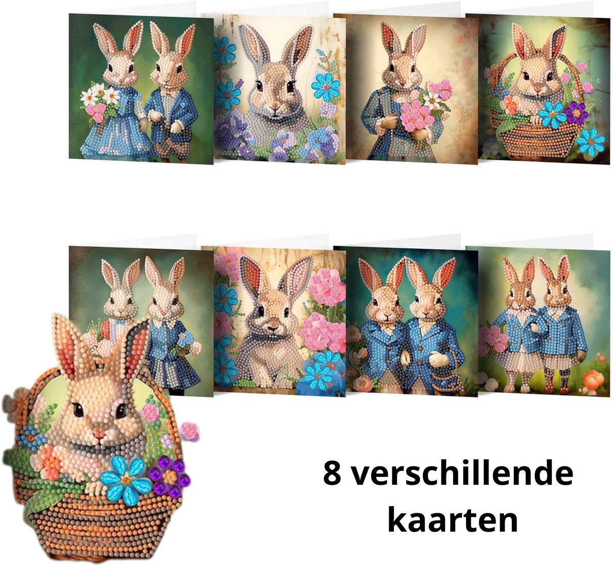 IZGO Diamond Painting Kaarten – 8 Wenskaarten met envelop - Zonder Tekst - Volwassenen – Volledig Pakket - Diamant schilderen Konijn Pasen
