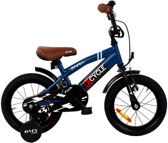Blauwe 2Cycle BMX Fun kinderfiets met bruine zadel en handvatten, 14 inch.