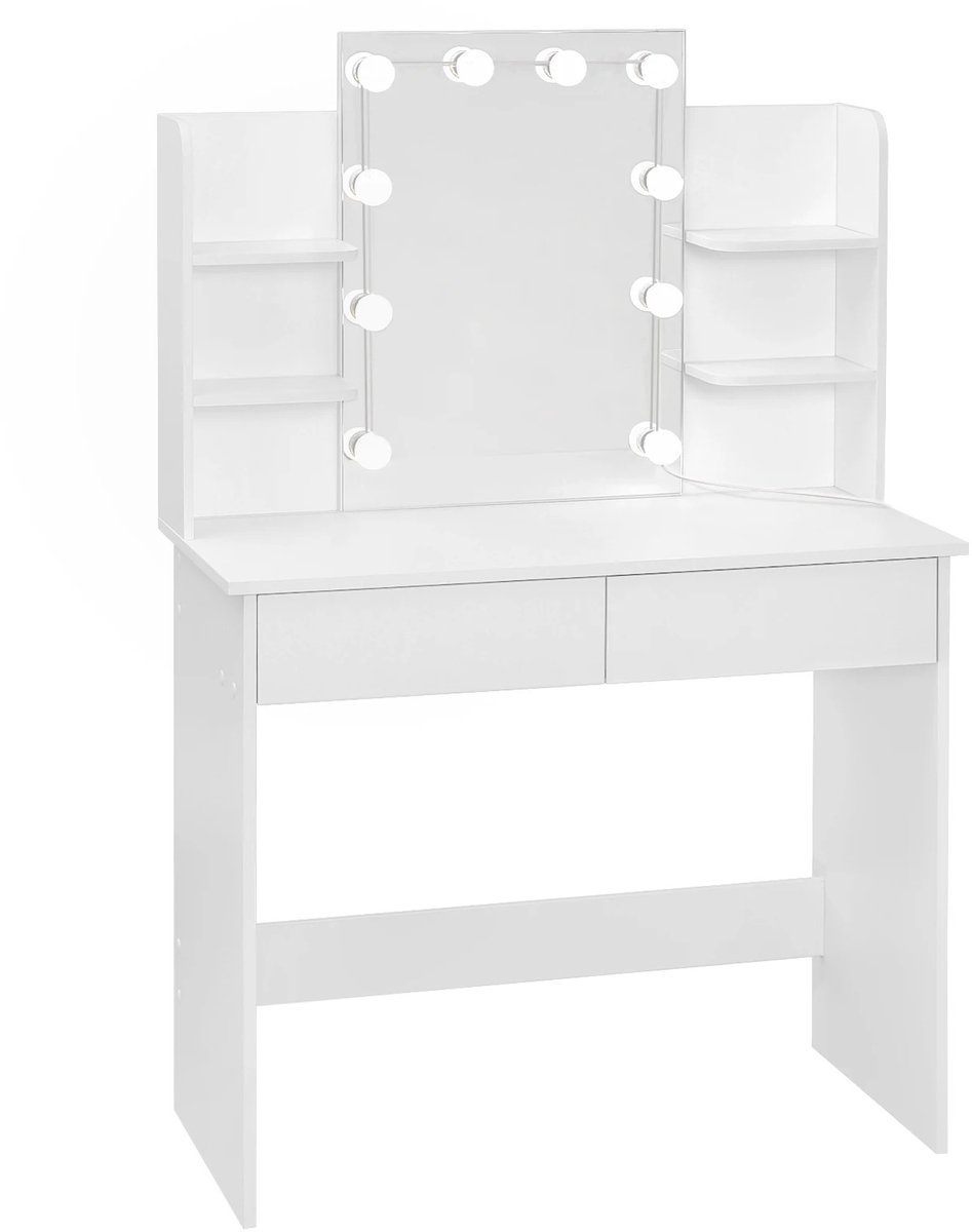 Kaptafel met LED Spiegel - 90x40x125cm Make-Up Tafel met 2 Lades en 4 Opslagplanken voor Slaapkamer, Witte Kaptafel met LED Verlichting<