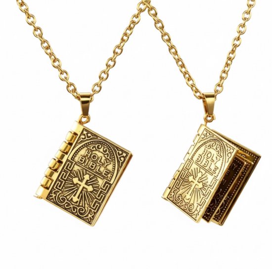 Collier pendentif Bible couleur or pour homme – chaîne à maillons avec motif de livre religieux et croix