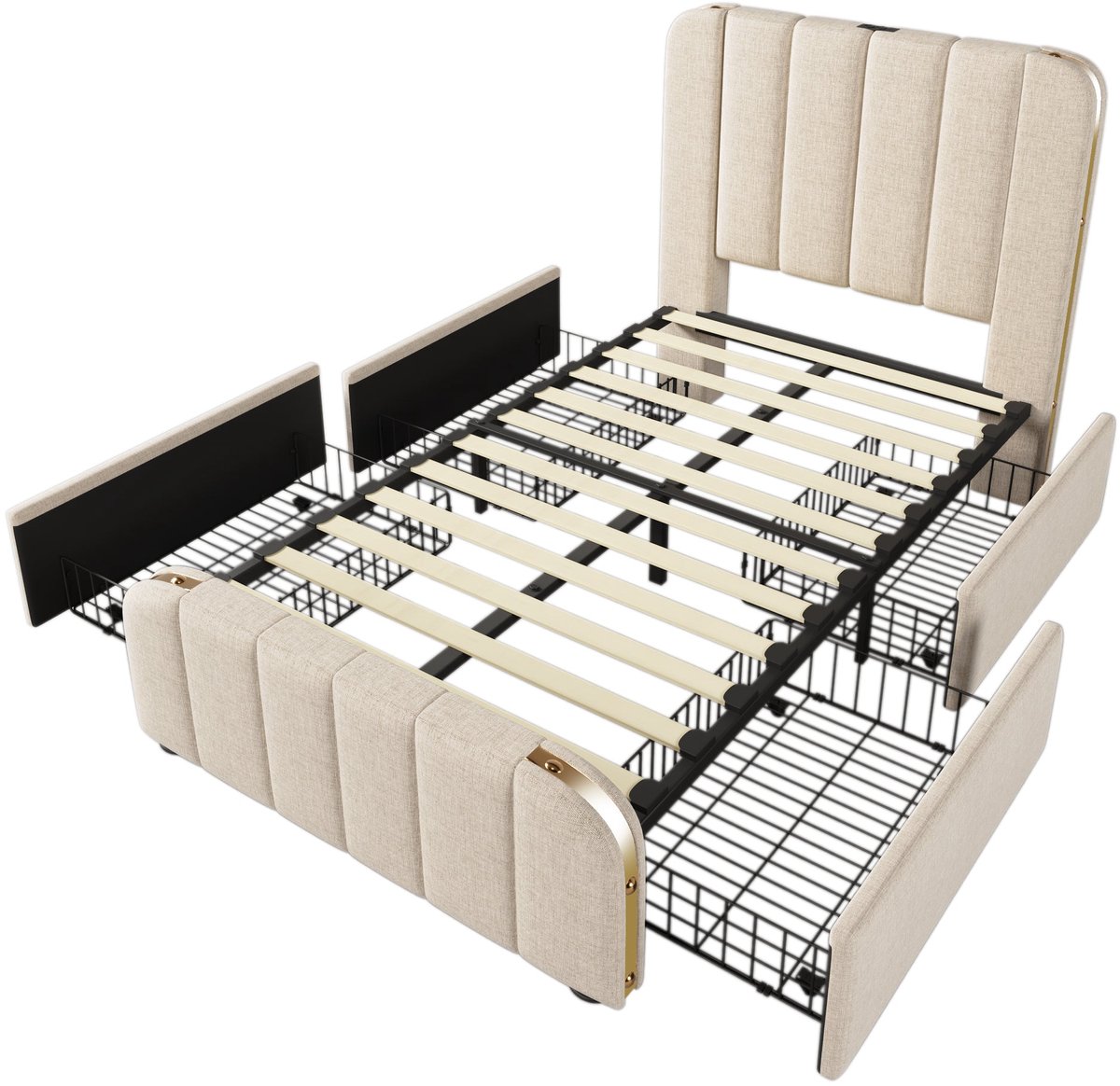 Merax Eenpersoonsbed - 90x200 cm - Gestoffeerd Bed met Hoofdbord en Gouden Accenten - USB Typ-C Oplaadfunctie - 4 Schuiflades - Inclusief Matras - Beige Linnen