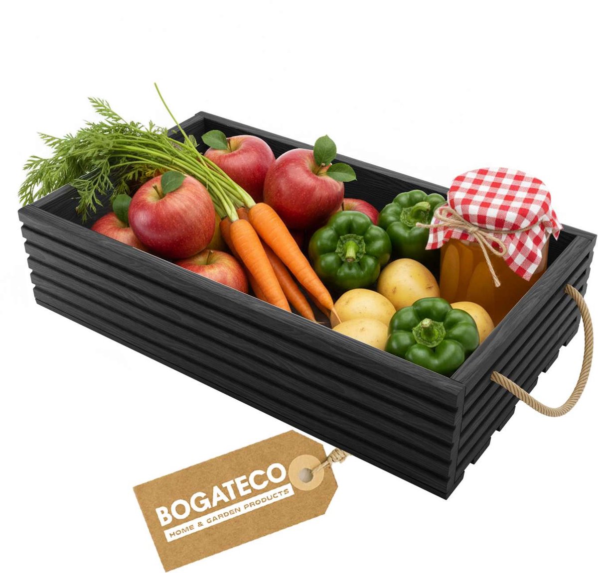 BOGATECO Houten kist Natuur 60x35x14,5 cm Grote houten kist Houten doos Decoratie Houten kisten Fruitkist Groentekist Houten kist voor opslag Opbergdoos Kist Hout Cadeau Decoratie Wijnkist ZWART