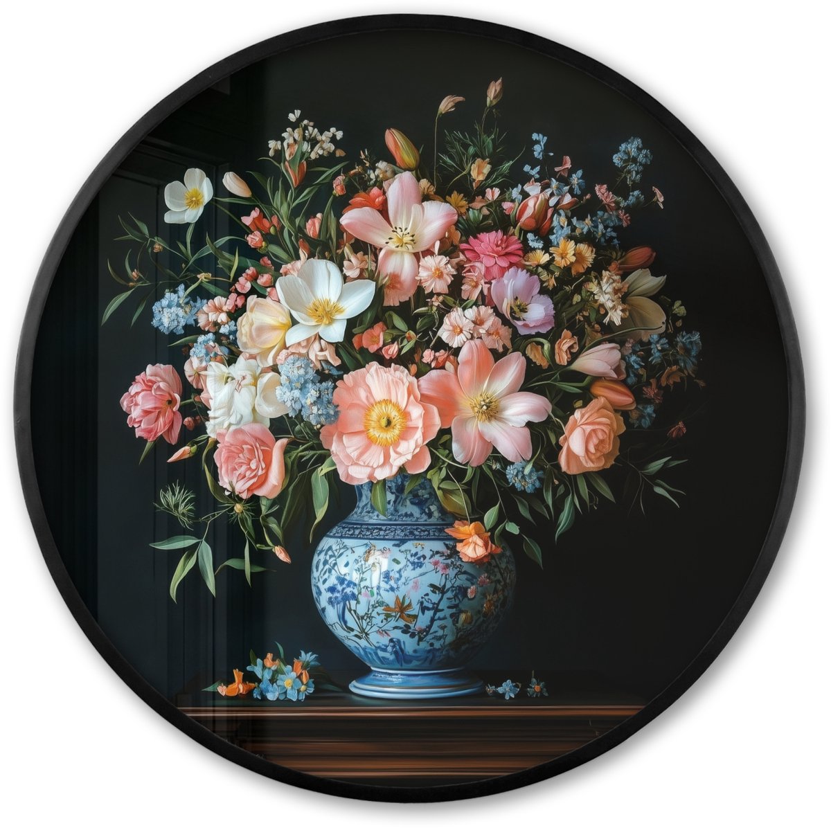 FrameYourWall Poster in lijst Rond - Fotolijst 60x60 cm - Posters - Roze - Bloemen - Vaas - Kleuren - Ronde posterlijst zwart - Decoratie - Wanddecoratie woonkamer - Muurdecoratie slaapkamer