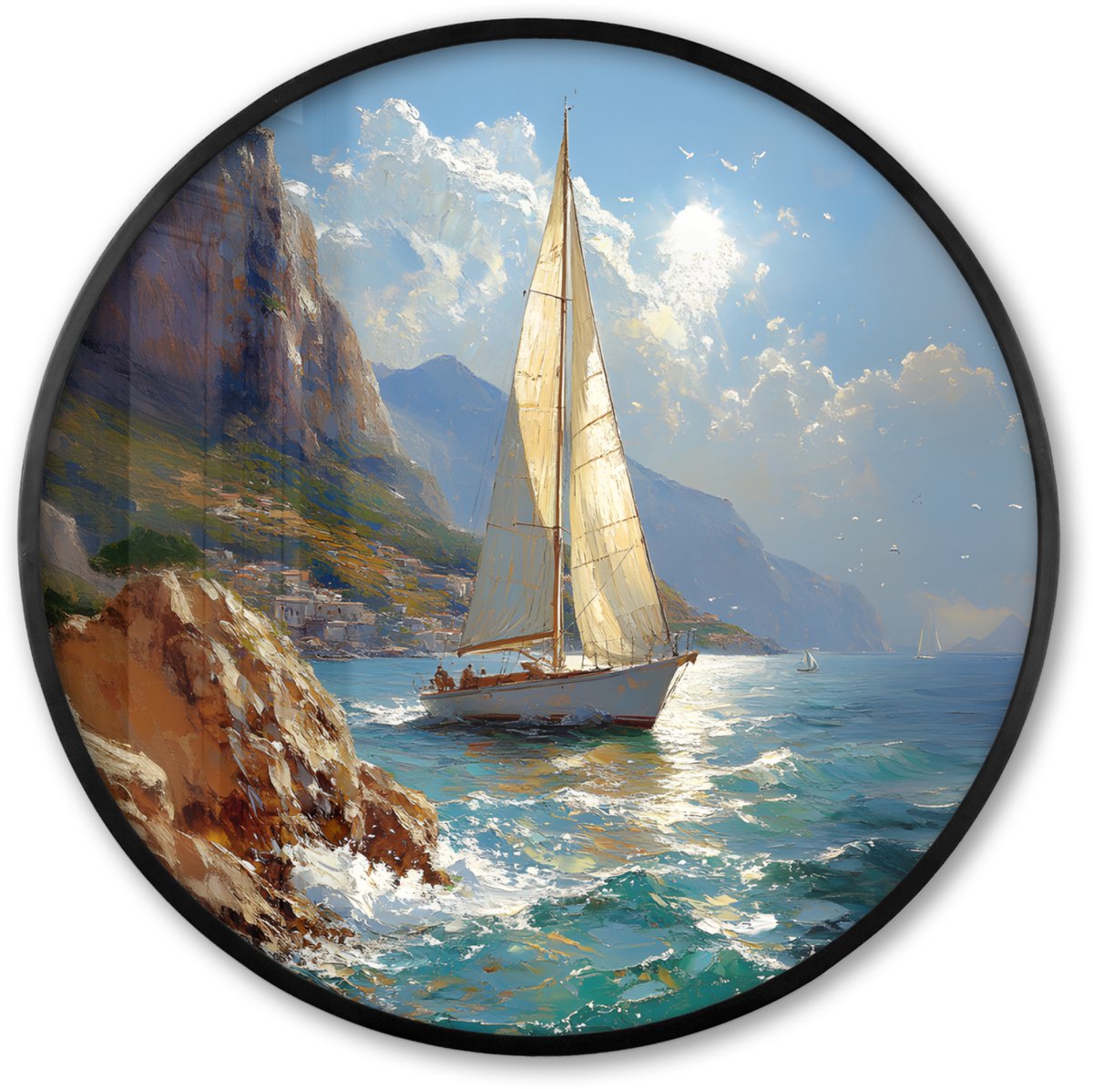 FrameYourWall Poster in lijst Rond - Fotolijst 60x60 cm - Posters - Zeilschip - Zee - Rotsen - Wolken - Ronde posterlijst zwart - Decoratie - Wanddecoratie woonkamer - Muurdecoratie slaapkamer Zeilschip - Rotsen - Zee