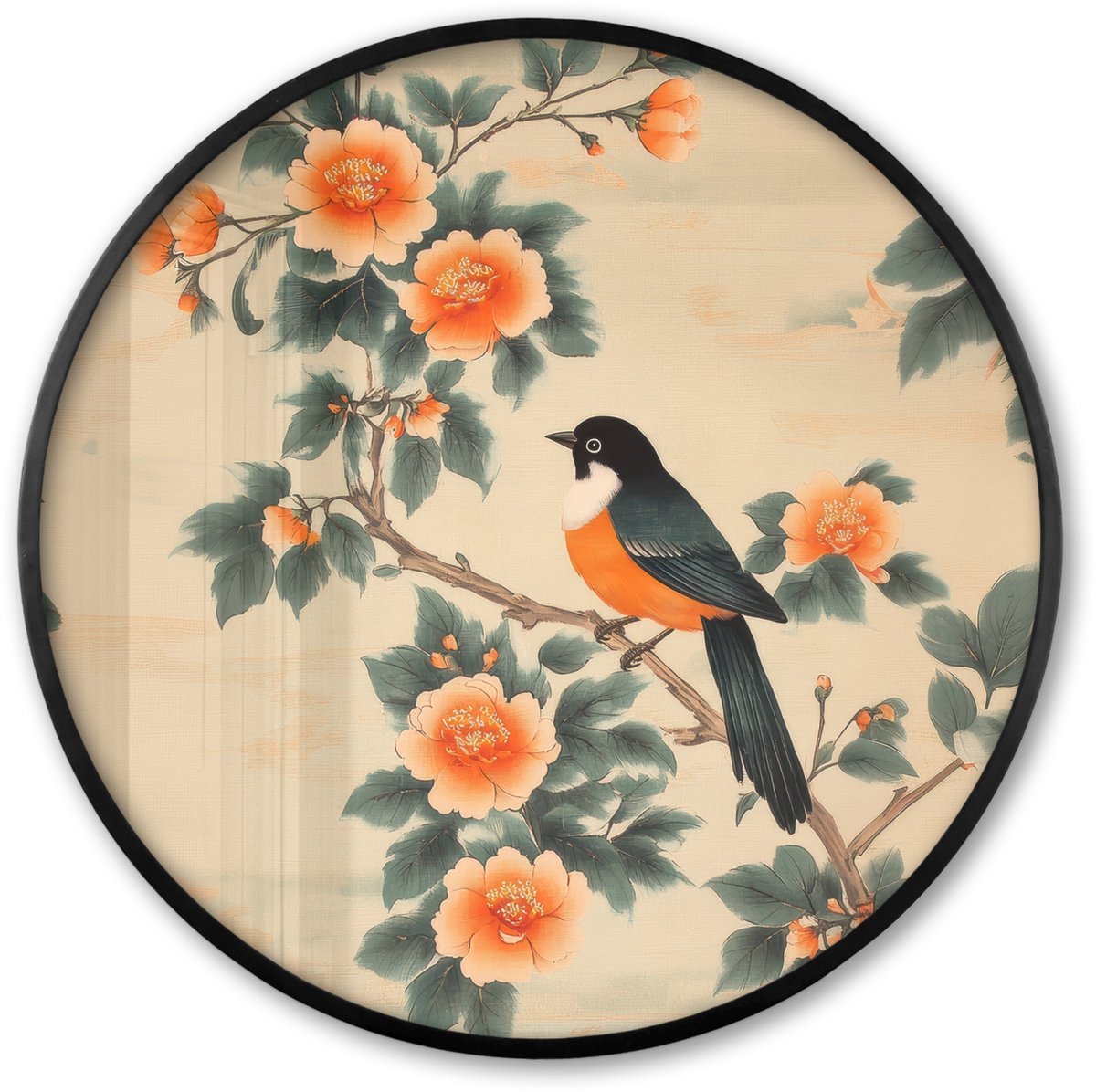 FrameYourWall Poster in lijst Rond - Fotolijst 60x60 cm - Posters - Vogel - Tak - Bloemen - Oranje - Ronde posterlijst zwart - Decoratie - Wanddecoratie woonkamer - Muurdecoratie slaapkamer