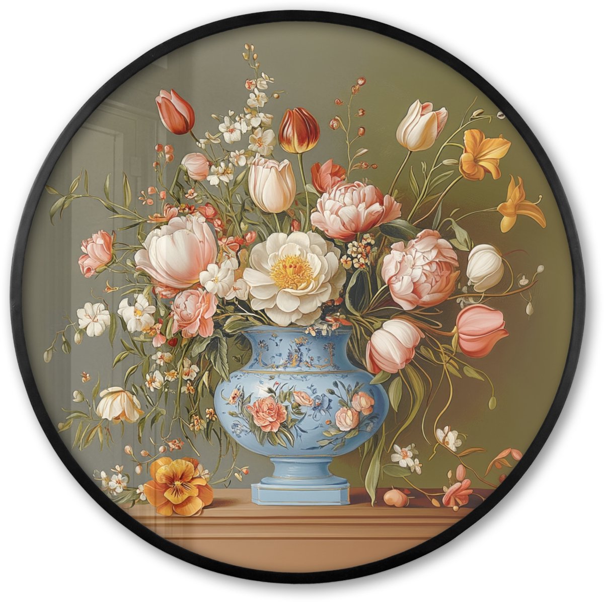 FrameYourWall Poster in lijst Rond - Fotolijst 80x80 cm - Posters - Neutral - Bloemen - Boeket - Vaas - Ronde posterlijst zwart - Decoratie - Wanddecoratie woonkamer - Muurdecoratie slaapkamer Bloemen - Vintage