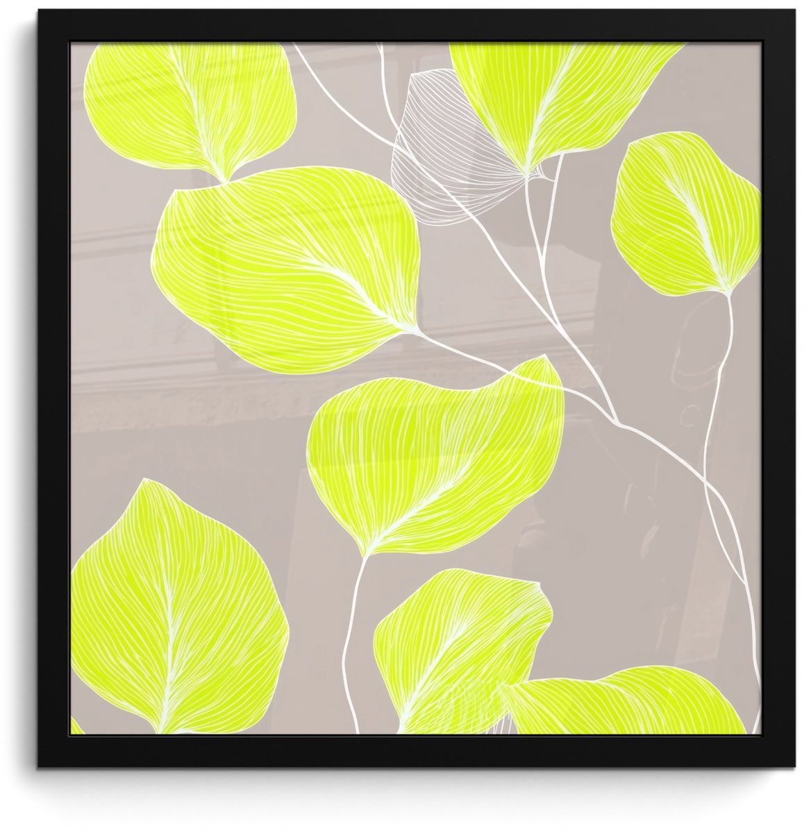 FrameYourWall Poster in lijst - Fotolijst 40x40 cm - Posters - Bladeren - Neon - Geel - Lijnen - Posterlijst zwart - Decoratie - Wanddecoratie woonkamer - Muurdecoratie slaapkamer Bladeren - Lijnen - Neon