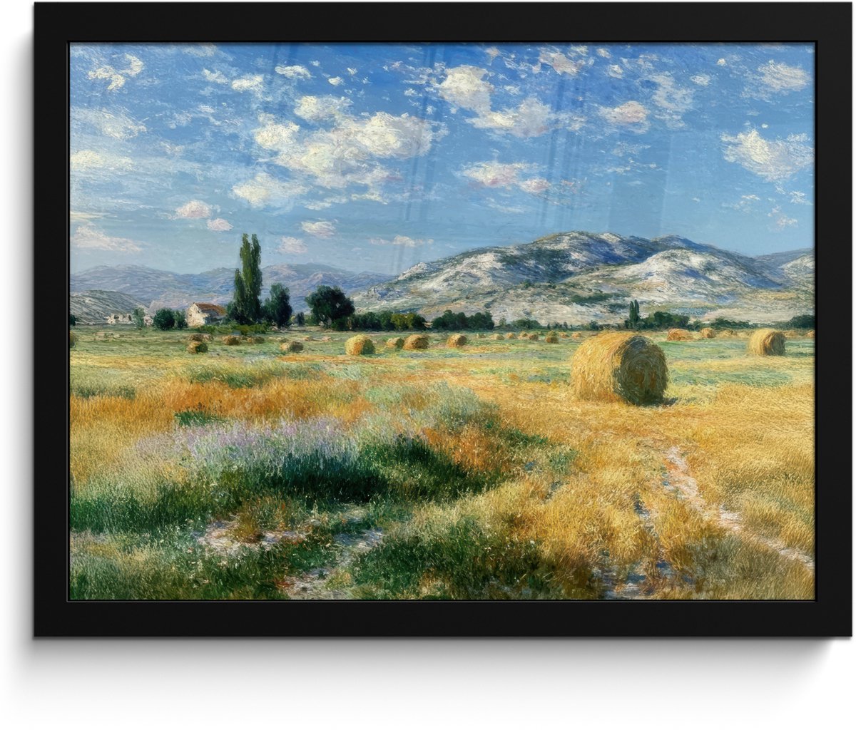 FrameYourWall Poster in lijst - Fotolijst 40x30 cm - Posters - Landschap - Strobalen - Bergen - Wolken - Posterlijst zwart - Decoratie - Wanddecoratie woonkamer - Muurdecoratie slaapkamer