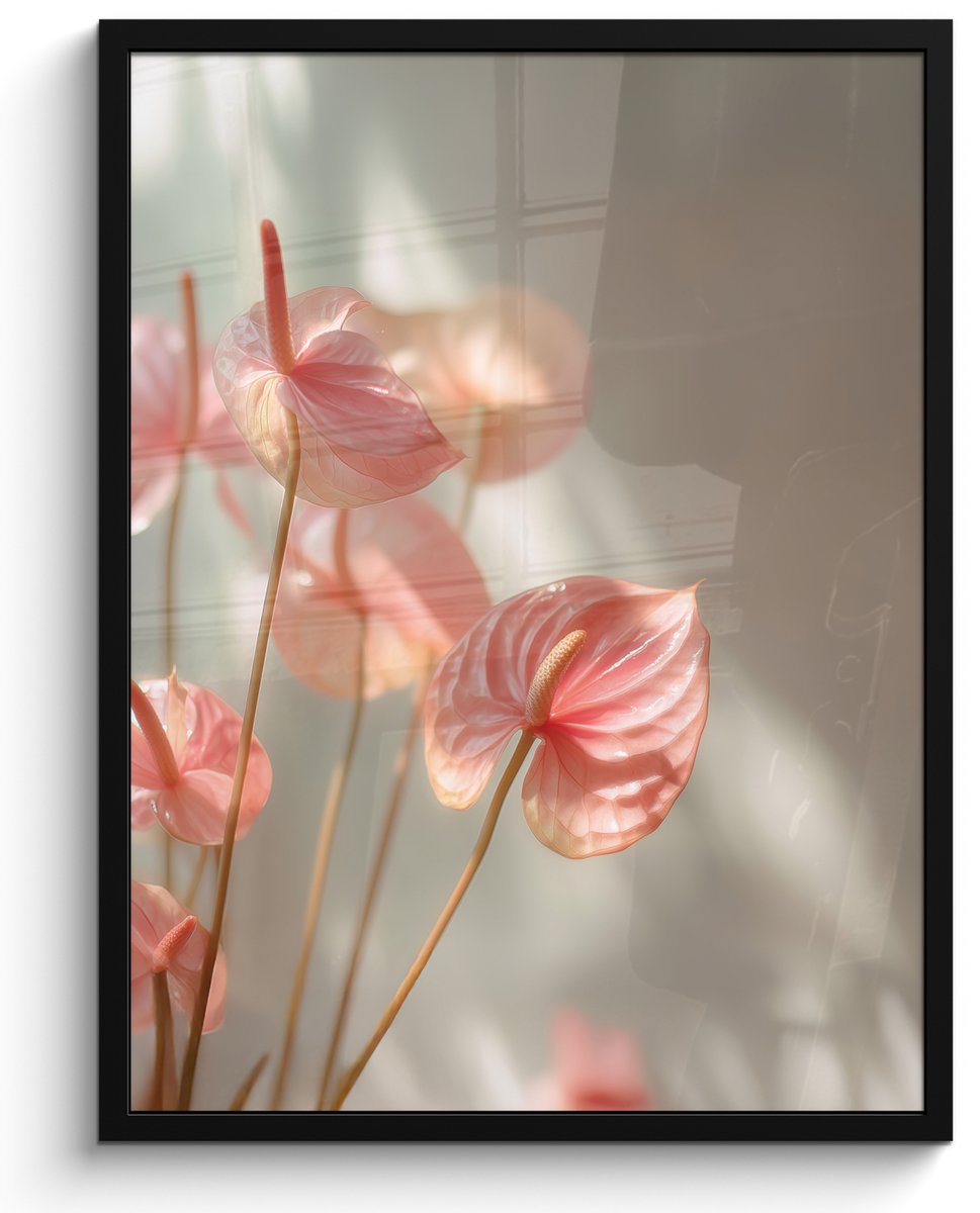 FrameYourWall Poster in lijst - Fotolijst 60x80 cm - Posters - Bloemen - Stelen - Roze - Schaduw - Posterlijst zwart - Decoratie - Wanddecoratie woonkamer - Muurdecoratie slaapkamer