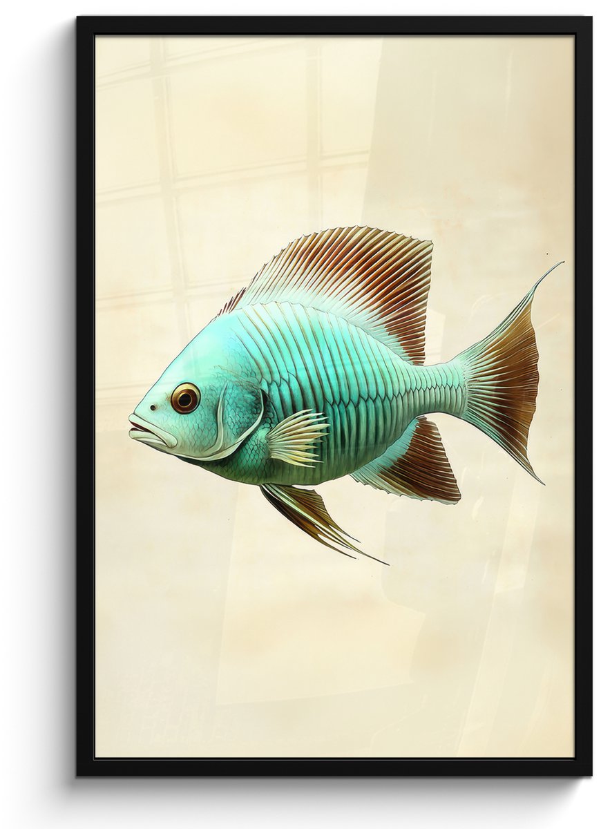 FrameYourWall Poster in lijst - Fotolijst 60x90 cm - Posters - Schubben - Vis - Mint - Minimalistisch - Posterlijst zwart - Decoratie - Wanddecoratie woonkamer - Muurdecoratie slaapkamer Vis - Schubben