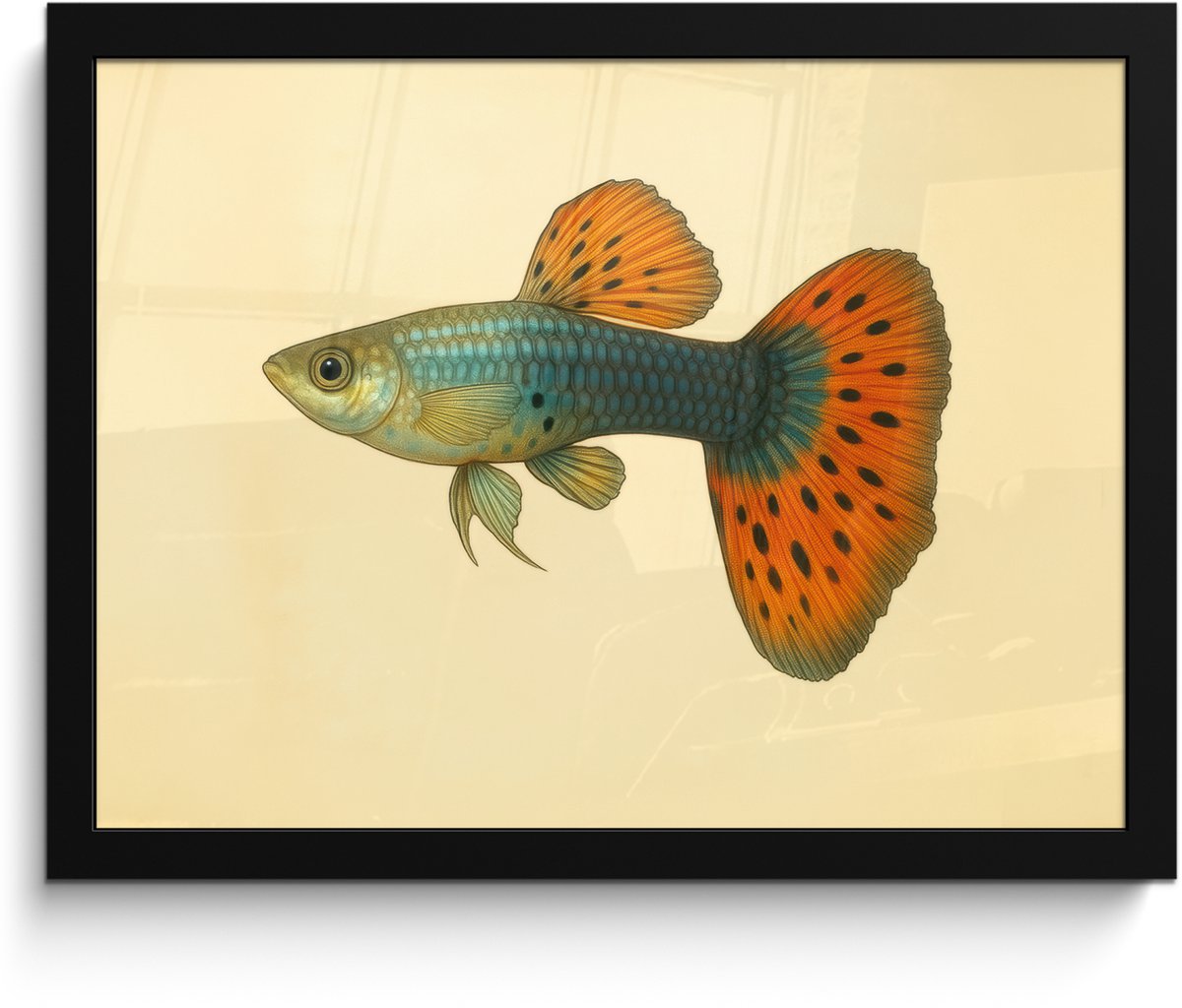 FrameYourWall Poster in lijst - Fotolijst 40x30 cm - Posters - Vis - illustratie - Stippen - Oranje - Posterlijst zwart - Decoratie - Wanddecoratie woonkamer - Muurdecoratie slaapkamer