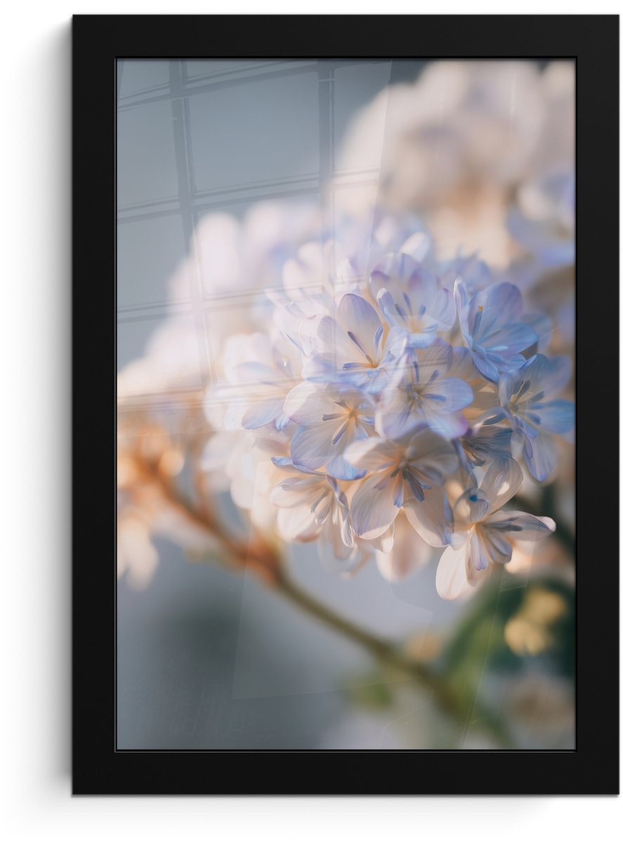 FrameYourWall Poster in lijst - Fotolijst 20x30 cm - Posters - Bloemen - Lichtblauw - Wazig - Trosje - Posterlijst zwart - Decoratie - Wanddecoratie woonkamer - Muurdecoratie slaapkamer