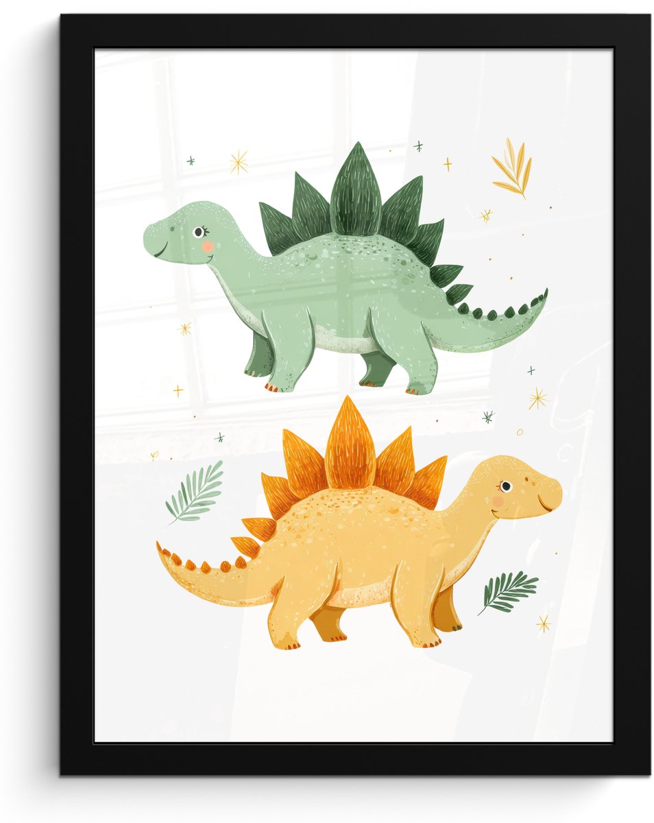 FrameYourWall Poster in lijst - Fotolijst 30x40 cm - Posters - Sterren - Stegosaurussen - Blaadjes - Groen - Posterlijst zwart - Decoratie - Wanddecoratie woonkamer - Muurdecoratie slaapkamer