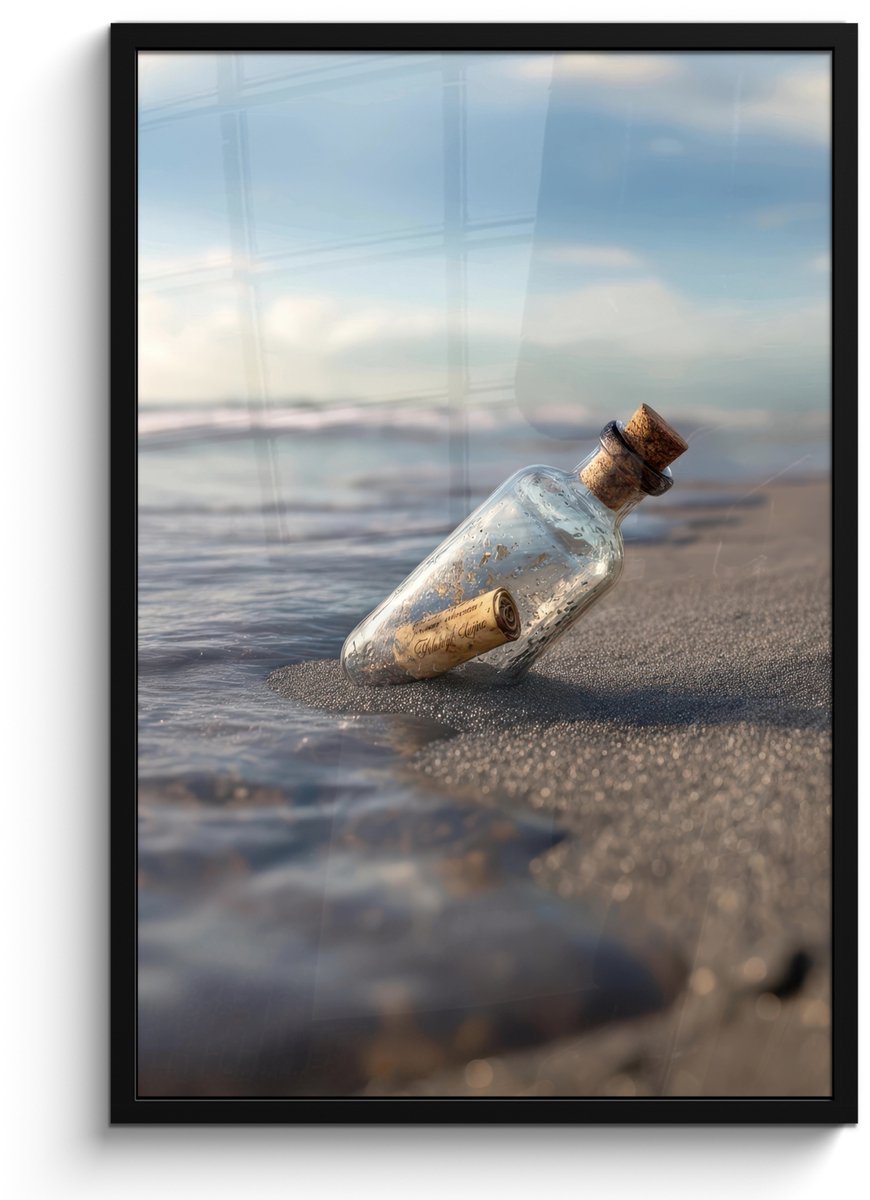 FrameYourWall Poster in lijst - Fotolijst 60x90 cm - Posters - Glazenfles - Post - Zee - Zand - Posterlijst zwart - Decoratie - Wanddecoratie woonkamer - Muurdecoratie slaapkamer