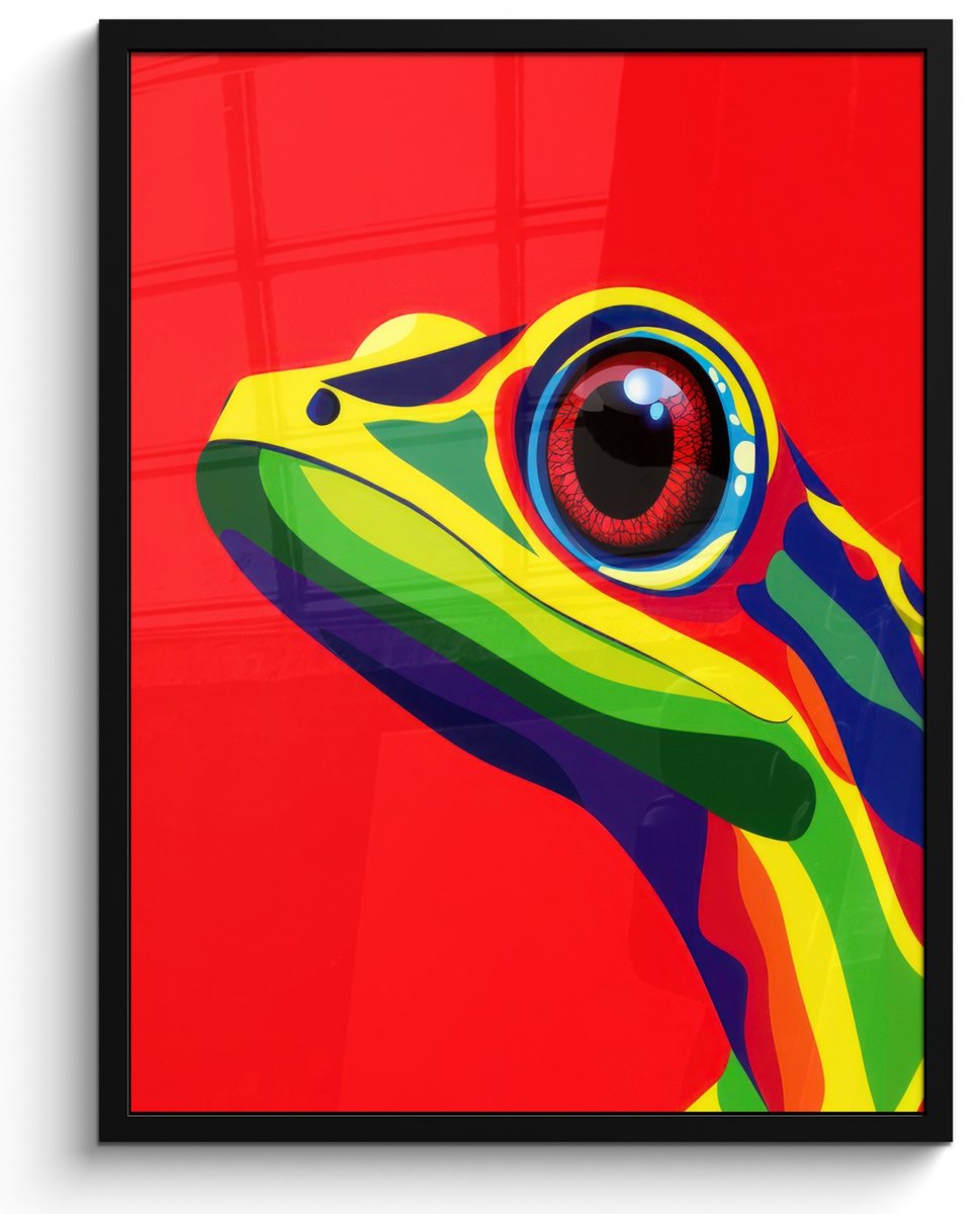 FrameYourWall Poster in lijst - Fotolijst 60x80 cm - Posters - Kikker - Kleurrijk - Strepen - Ogen - Posterlijst zwart - Decoratie - Wanddecoratie woonkamer - Muurdecoratie slaapkamer