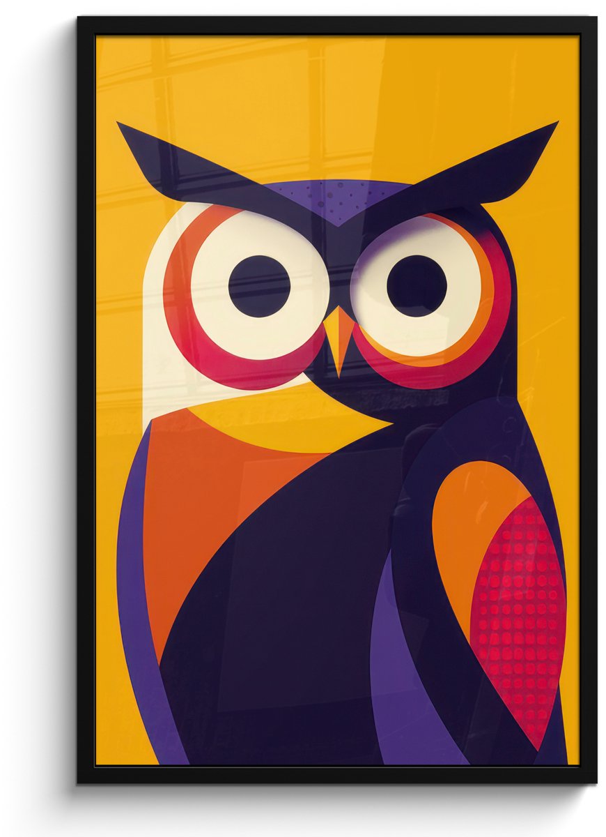 FrameYourWall Poster in lijst - Fotolijst 60x90 cm - Posters - Uil - Grafisch - Kleurrijk - Ogen - Posterlijst zwart - Decoratie - Wanddecoratie woonkamer - Muurdecoratie slaapkamer Uil - Ogen