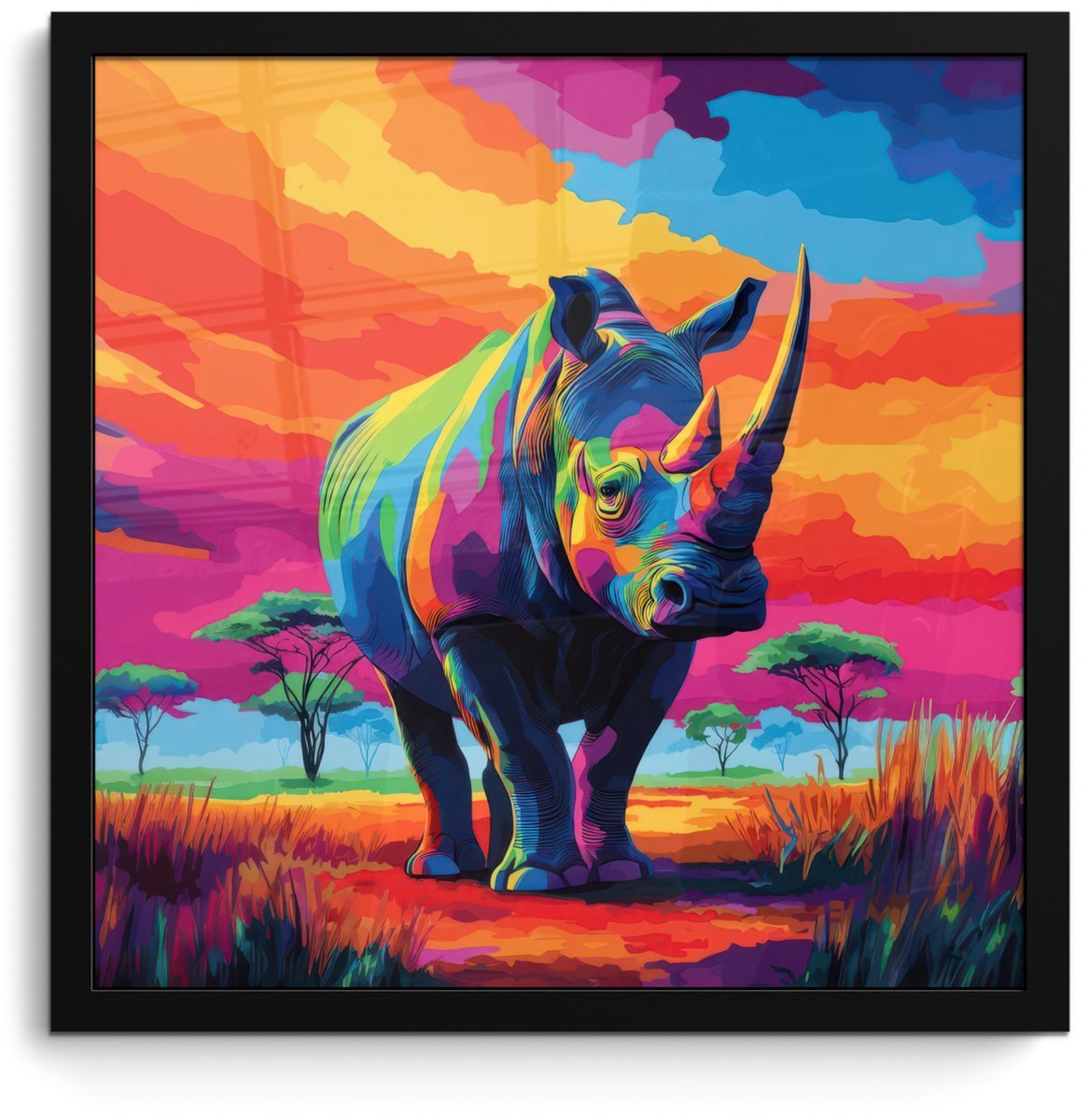 FrameYourWall Poster in lijst - Fotolijst 40x40 cm - Posters - Neushoorn - Zonsondergang - Savanna - Kleurrijk - Posterlijst zwart - Decoratie - Wanddecoratie woonkamer - Muurdecoratie slaapkamer Neushoorn - Kleurrijk
