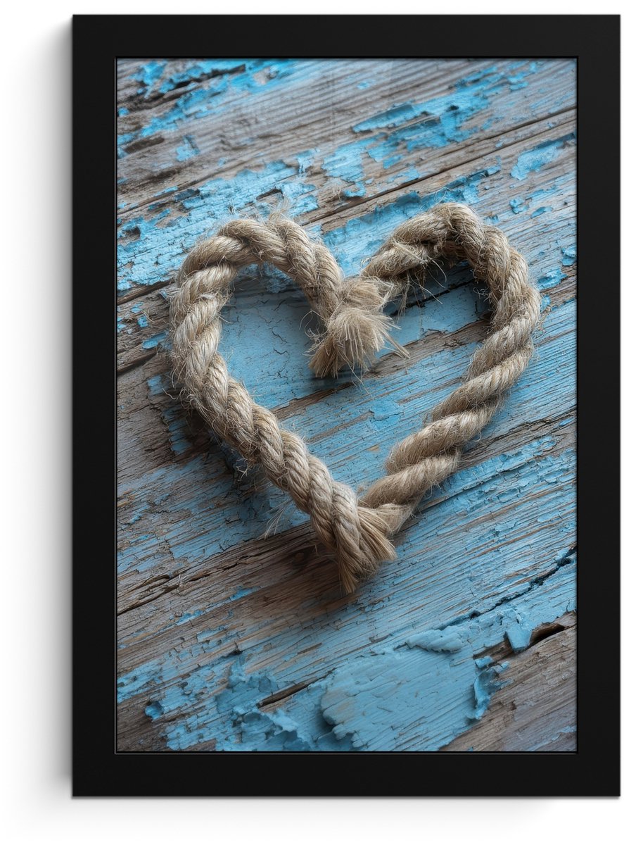 FrameYourWall Poster in lijst - Fotolijst 20x30 cm - Posters - Hart - Touw - Hout - Rustiek - Posterlijst zwart - Decoratie - Wanddecoratie woonkamer - Muurdecoratie slaapkamer