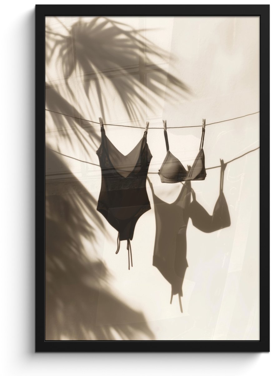 FrameYourWall Poster in lijst - Fotolijst 40x60 cm - Posters - Badkleding - Palmbomen - Schaduw - Tropisch - Posterlijst zwart - Decoratie - Wanddecoratie woonkamer - Muurdecoratie slaapkamer Badkleding - Waslijn - Tropisch