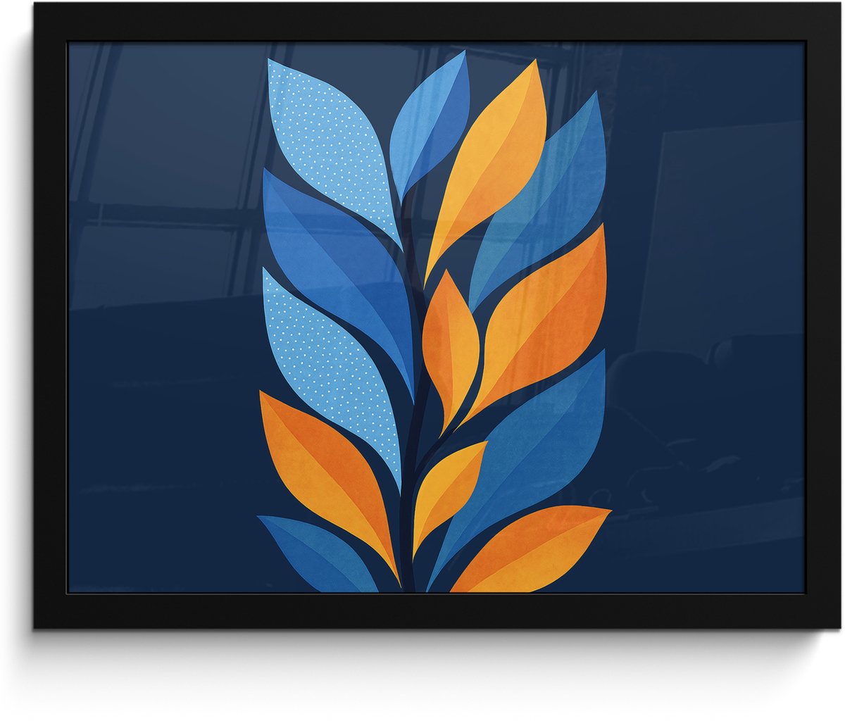FrameYourWall Poster in lijst - Fotolijst 40x30 cm - Posters - Abstract - Bladeren - Blauw - Posterlijst zwart - Decoratie - Wanddecoratie woonkamer - Muurdecoratie slaapkamer