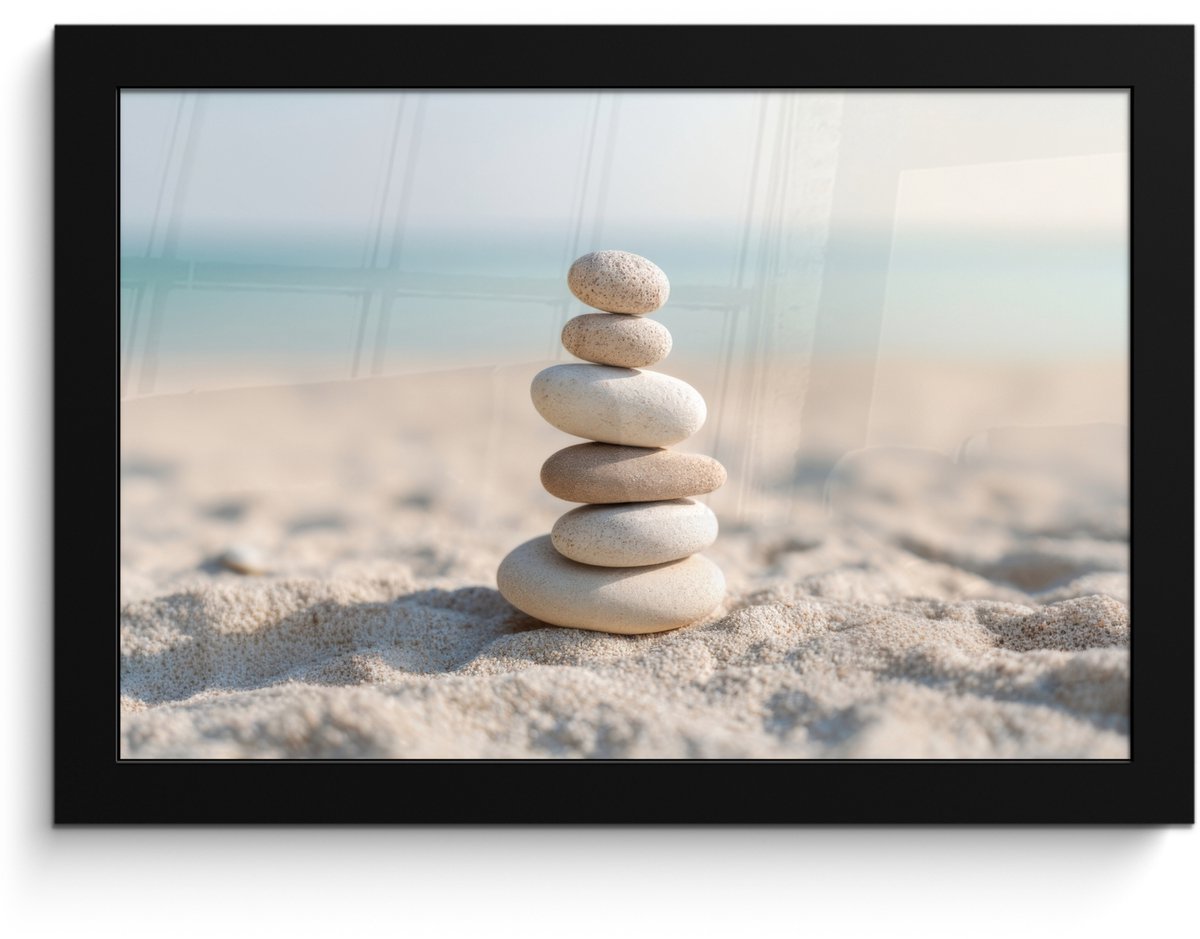 FrameYourWall Poster in lijst - Fotolijst 30x20 cm - Posters - Stenen - Stapel - Zand - Zee - Posterlijst zwart - Decoratie - Wanddecoratie woonkamer - Muurdecoratie slaapkamer