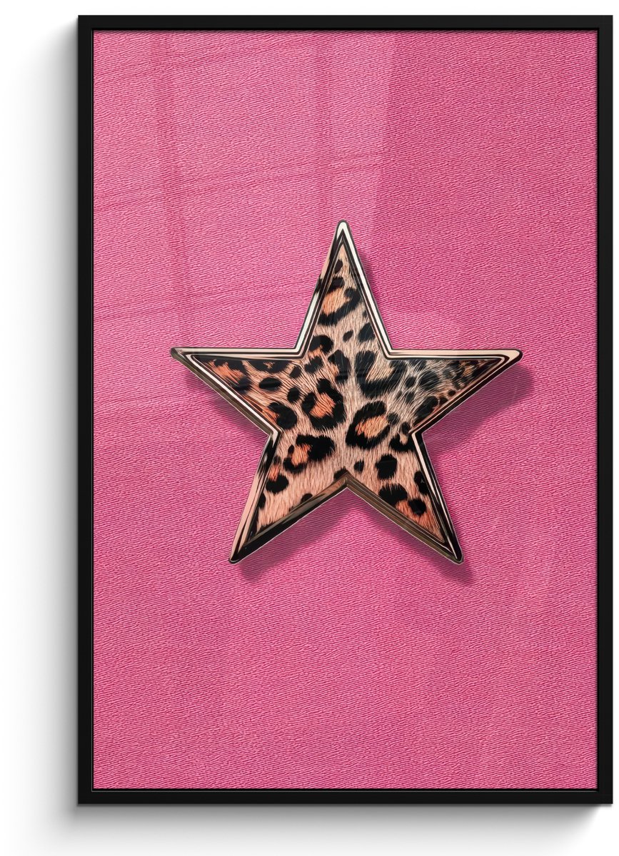FrameYourWall Poster in lijst - Fotolijst 80x120 cm - Posters - Ster - Luipaard - Print - Roze - Posterlijst zwart - Decoratie - Wanddecoratie woonkamer - Muurdecoratie slaapkamer