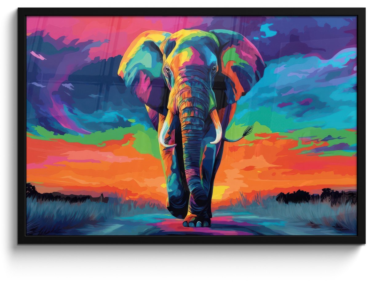 FrameYourWall Poster in lijst - Fotolijst 90x60 cm - Posters - Olifant - Kleurrijk - Lucht - Abstract - Posterlijst zwart - Decoratie - Wanddecoratie woonkamer - Muurdecoratie slaapkamer