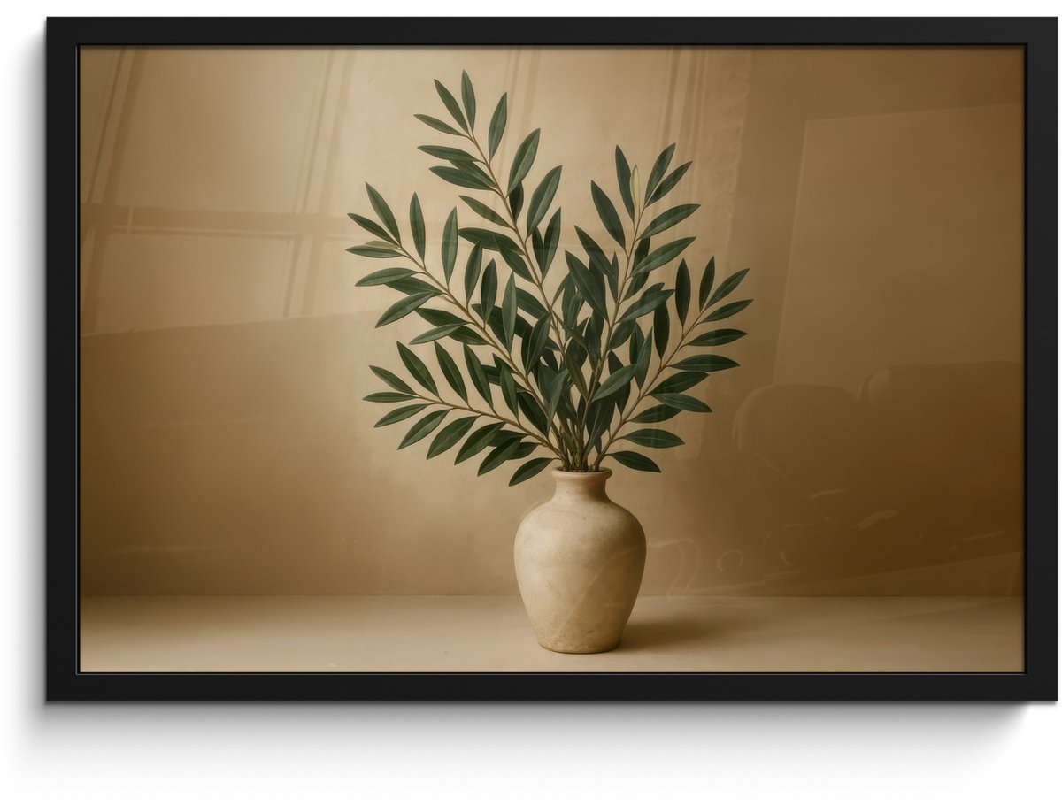 FrameYourWall Poster in lijst - Fotolijst 60x40 cm - Posters - Vaas - Olijftakken - Bladeren - Beige - Posterlijst zwart - Decoratie - Wanddecoratie woonkamer - Muurdecoratie slaapkamer