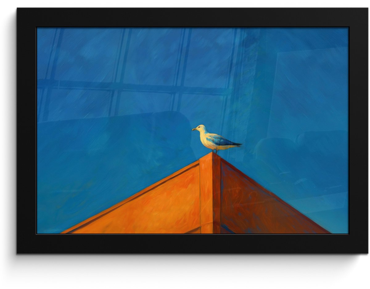 FrameYourWall Poster in lijst - Fotolijst 30x20 cm - Posters - Meeuw - Gebouw - Lucht - Geschilderd - Posterlijst zwart - Decoratie - Wanddecoratie woonkamer - Muurdecoratie slaapkamer