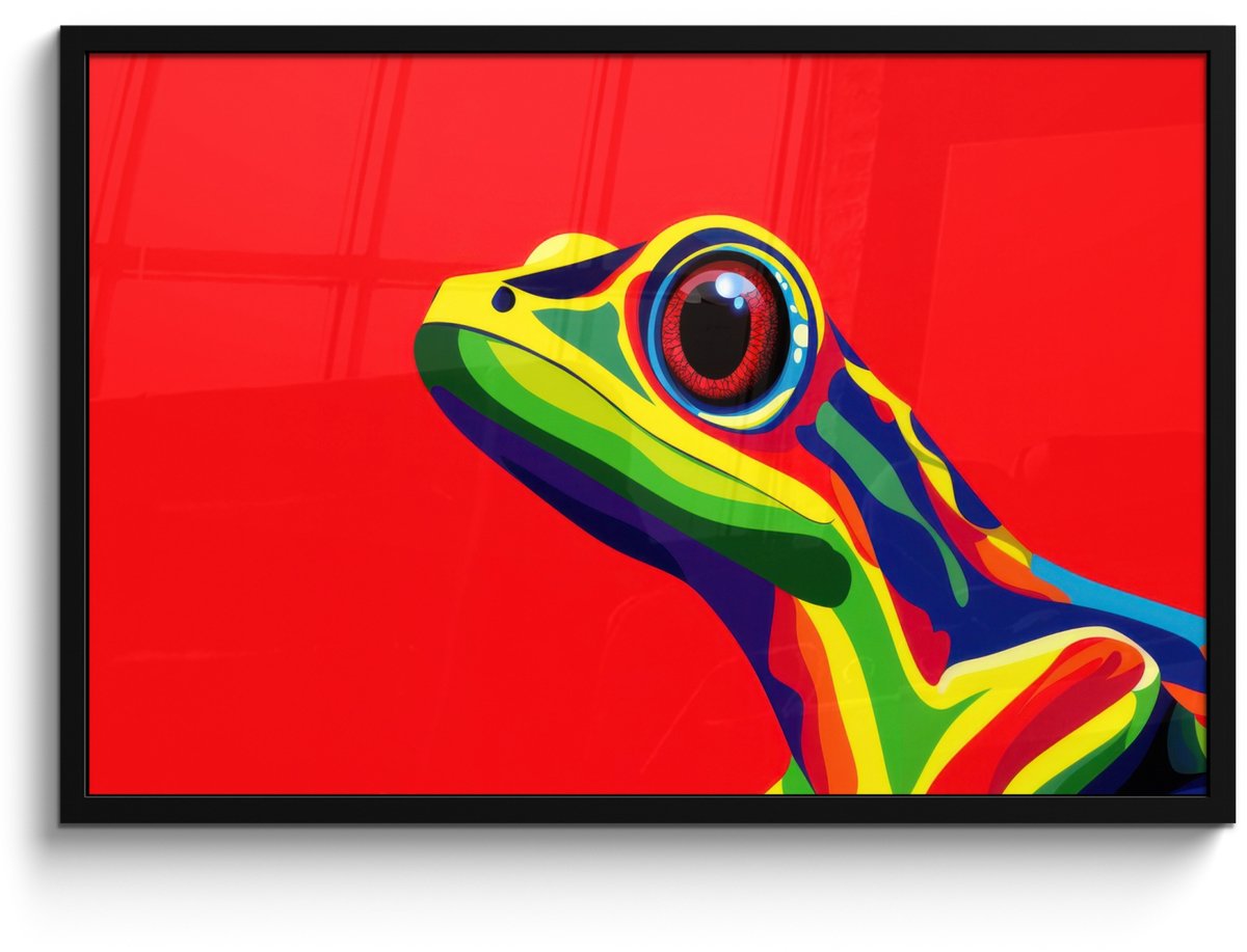 FrameYourWall Poster in lijst - Fotolijst 90x60 cm - Posters - Kikker - Kleurrijk - Strepen - Ogen - Posterlijst zwart - Decoratie - Wanddecoratie woonkamer - Muurdecoratie slaapkamer